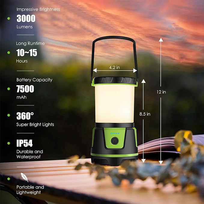 Rechargeable Emergency Lantern, 3000 Lumens Camping Light | with 7500mAh Power Bank, 5 Modes, IP54 Weather Resistant Light for Power Outages, Camping & Storm Prep
