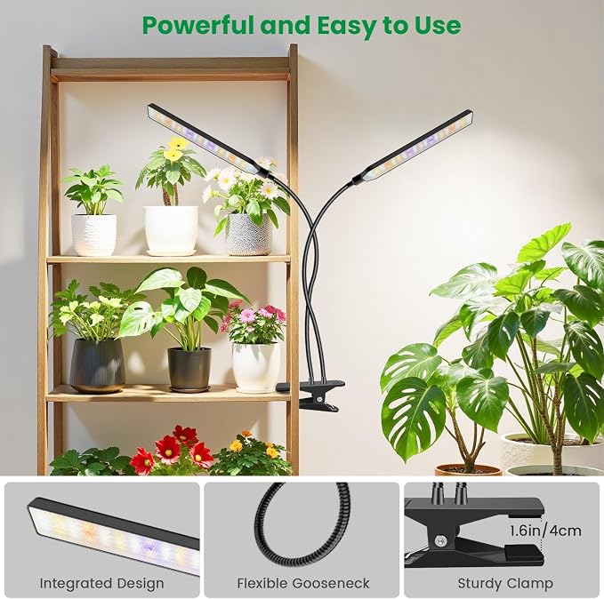 Aumtrly Grow Light Clip on, 2 Pack Black, 228 LED Full Spectrum Plant Lamp | for Seed Starting and Indoor Plants Growing, 6/12/16H Auto Timer, 5 Dimming Levels, 3 Light Modes, Flexible Gooseneck Arm