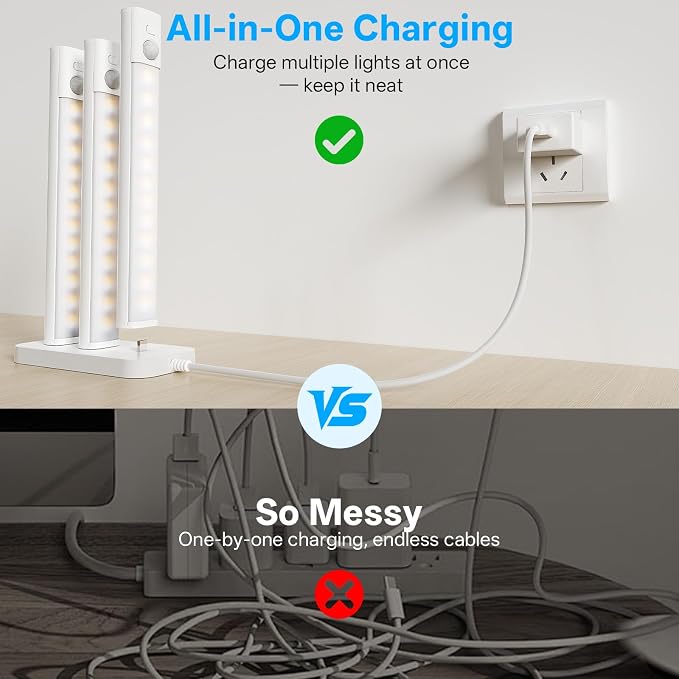 Under Cabinet Lighting with Charging Station,Battery Operated 3Pack | 8inch Motion Sensor Light Indoor,3color Dimmable Closet Light Rechargeable Wireless,Under Counter Lights for Kitchen,Stairs