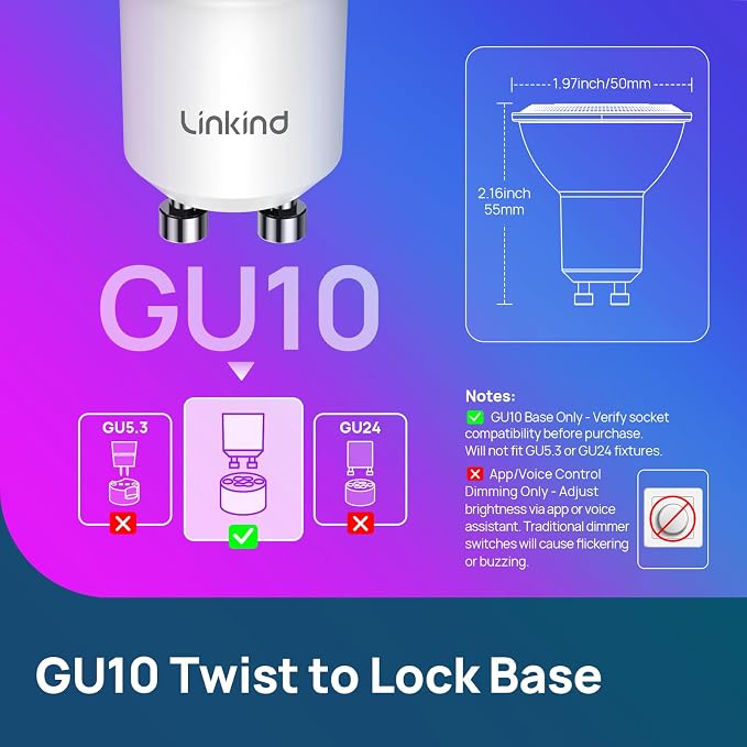 Linkind Matter GU10 Smart Light Bulbs, MR16 GU10 LED Bulbs, 2Pack | Work with Alexa/Apple/Google Home, Warm & Daylight White(1800K-6500K), Music Sync & Light Shows, 40W 470LM Color Changing