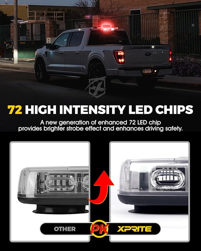 Xprite Upgraded 12" 72LED Rooftop Mini Strobe Lights, Emergency Safety Flashing Beacon Light Bar with Magnetic Base for 12V-24V Construction Vehicles, Trucks, Snow Plow, Postal Car (Red)