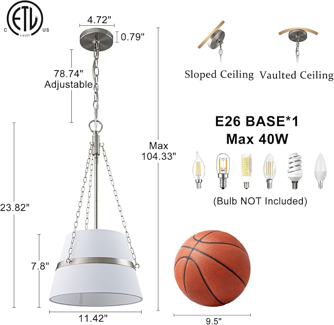 11.4" Brushed Nickel Drum Pendant Lights Kitchen Island White Fabric Shade | Modern Transitional, Cone Shape, 3 Side Chains, 1-Light, Breakfast Nook, Reading Corner, Adjustable Height 11.42"W x 23.82"H
