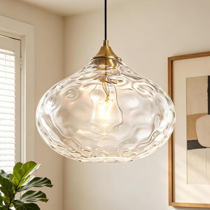 11in Gold Pendant Lights Kitchen Island with Hammered Clear Glass Shade 1PC | Handcrafted Glass Pendant Light Fixtures, UL Certified, E26 Base 100W Max, Height-Adjustable, Dimmable Hanging Pendant Light