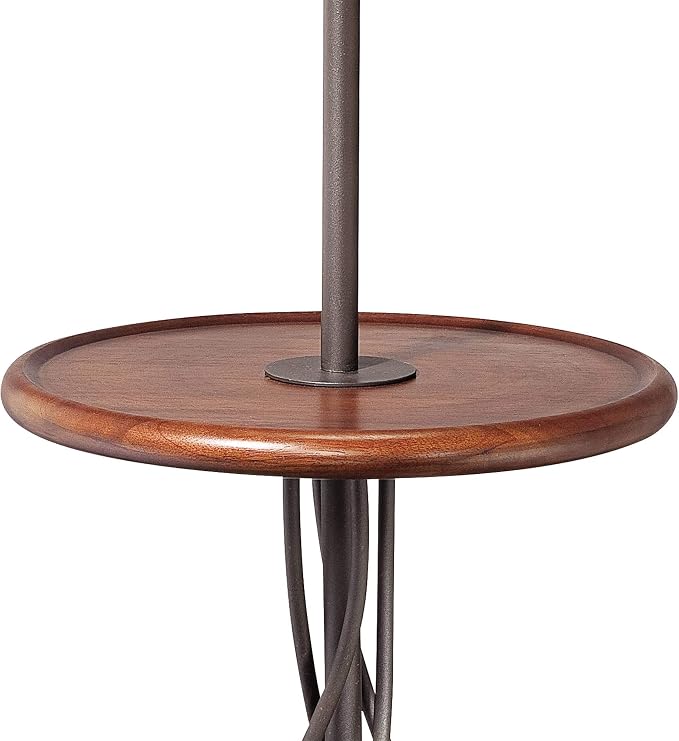 Twist 63 1/2" Metal and Walnut Tray Table Floor Lamp Living Room | Rustic Farmhouse Country Cottage Core with End 5 Wood Twisted Iron Base Brown Linen Fabric Tapered Drum Shade for Bedroom