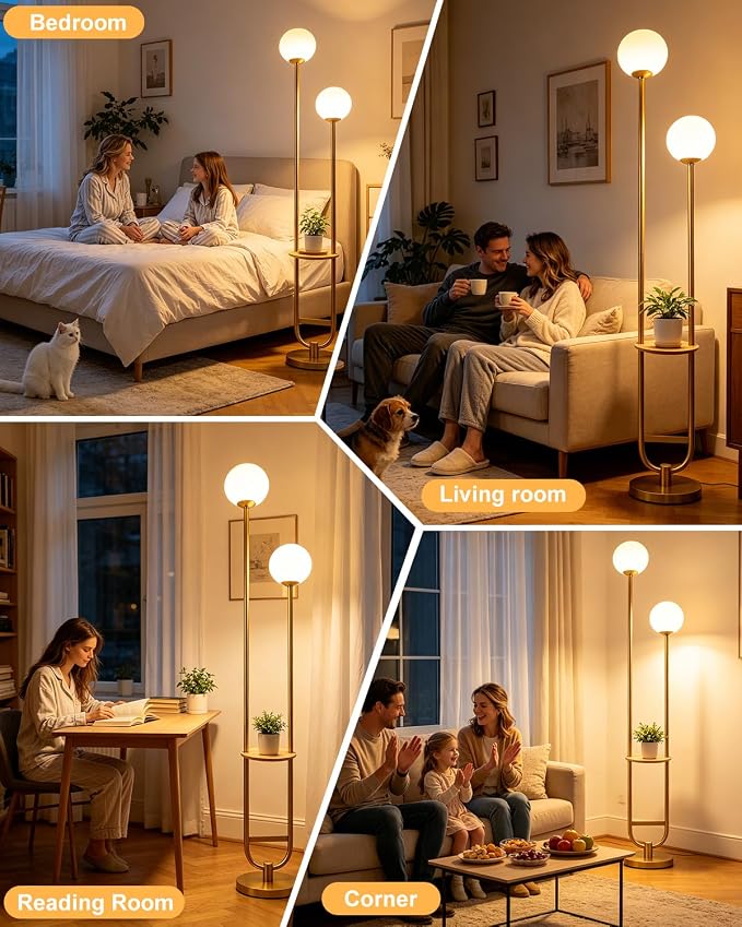 Lightdot 2 Globe Gold Floor Lamp with Table Mid Century Standing Lamps with 3000K LED Bulbs Unique U-Pole Vintage Tall Floor Lamp with 5Lbs Heavy Base for Living Room/Bedroom/Wedding/Party/Home Decor