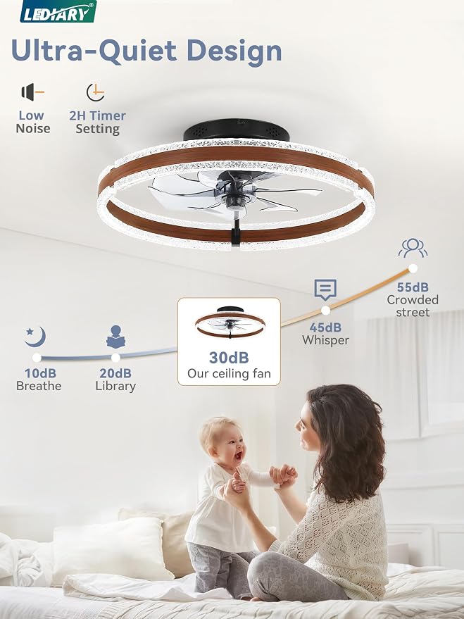 LEDIARY 20'' Modern Low Profile Ceiling Fans with Lights and Remote, Walnut | 3000-6000K Dimmable LED, 6 Wind Speeds, Quiet Reversible DC Motor, Small Flush Mount Fandelier for Bedroom, Living Room
