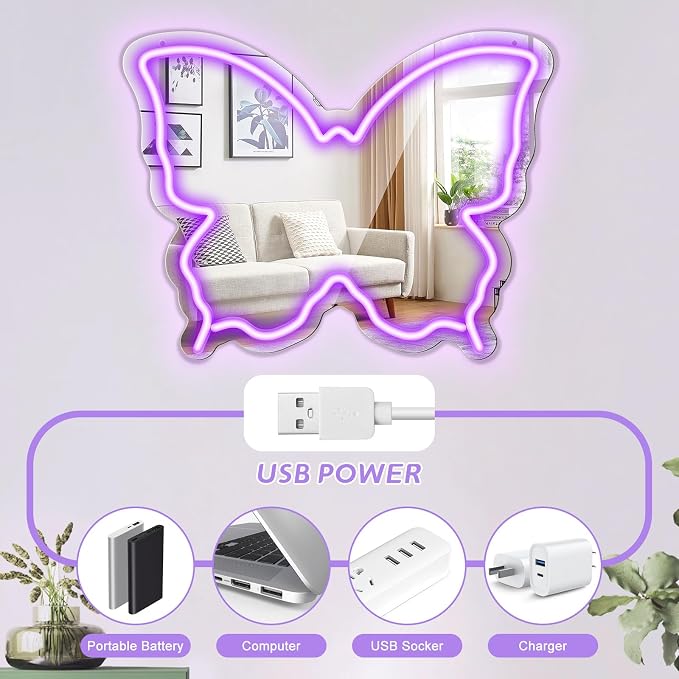 Butterfly Neon Sign Mirror, LED Neon Signs for Wall Decor, 15.7'' x 12'' Dimmable Neon Light for Teen Girls & Kids Birthday Party Gift, Neon Sign for Bedroom Decor, Wall Mirror, USB Powered (Purple)