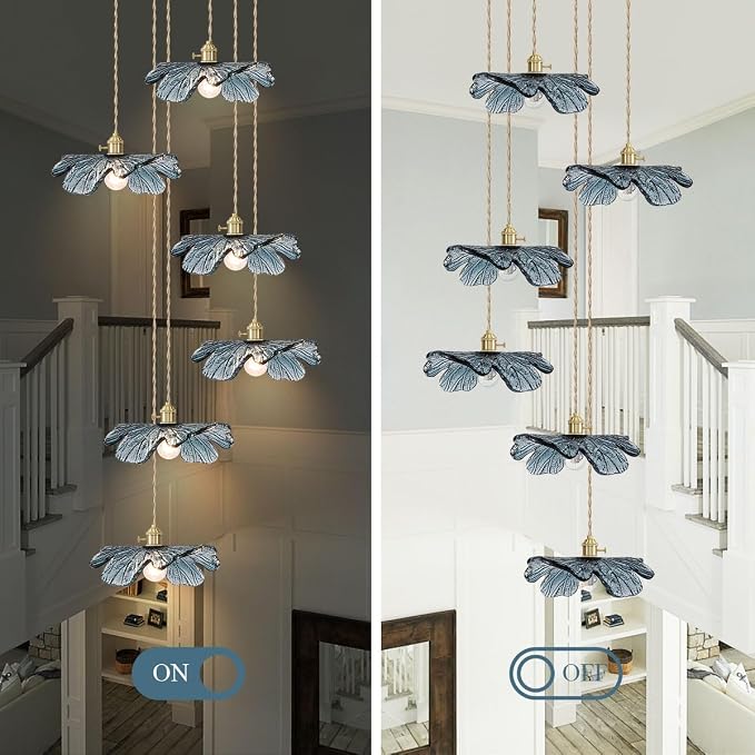 Foyer Chandelier for High Ceilings long Blue Floral pendant light Mid Century Glass Hanging Ceiling light Brushed Gold Flush Mount Ceiling Chandeliers for Staircase Entryway Living, Adjustable Height