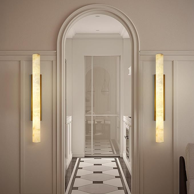 Brass Alabaster Wall Sconces, Spanish Natural Marble Wall Sconce, 36" Long Stone Wall Sconce Dimmable, Gold Alabaster Sconces Wall Lighting Indoor, Marble Wall Light for Bathroom, Living Room, 1PC