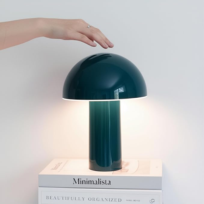 Brightech Celia Small Table Lamp – 10" Touch-Controlled Mushroom Desk Lamp, Cordless & Dimmable LED, Portable Bedside Night Light, Sustainable Light, Recycled Modern Patio Lamp for Home Décor – Teal