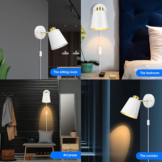 Yollzey Plug in Wall Sconces, Rotatable Angle White Wall Lamp with Plug in Cord Metal Vintage Industrial Wall Mounted Light Reading Light for Bedroom Bedside Doorway(2 Pack)