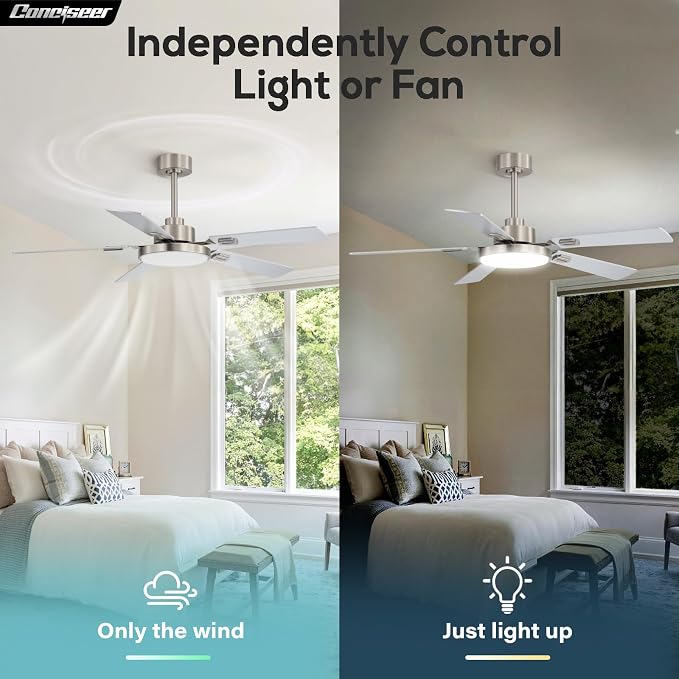Conciseer 52 Inch Ceiling Fans with Lights and Remote for Bedroom Living Room Kitchen Office, Indoor/Outdoor Use, 6CCT Dimmable, 5 Blades, 6 Speed Reversible Quiet DC Motor, Sand-nickel/Wood Grain