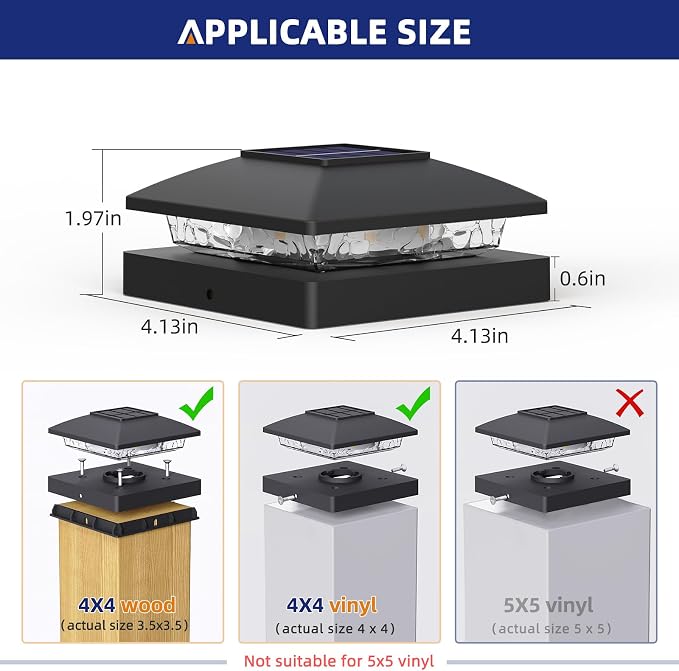 APONUO Solar Post Cap Lights for 4x4 Posts - IP64 Waterproof, 3000K LED, No-Wire Fence Lights & Deck Lights for Patio Garden Yard Patio, Black-Warm White, 20 Pack