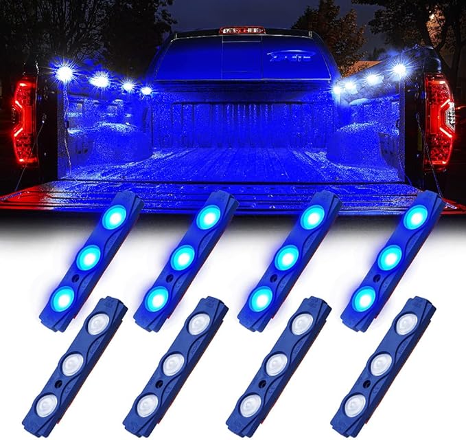 Xprite Blue LED Truck Bed Light Kits Rock Lights with On/Off Switch, for Pickup Footwells, Running Boards, Cargo, Under Car, Tonneau Cover, Rail Lighting - 8 PCs
