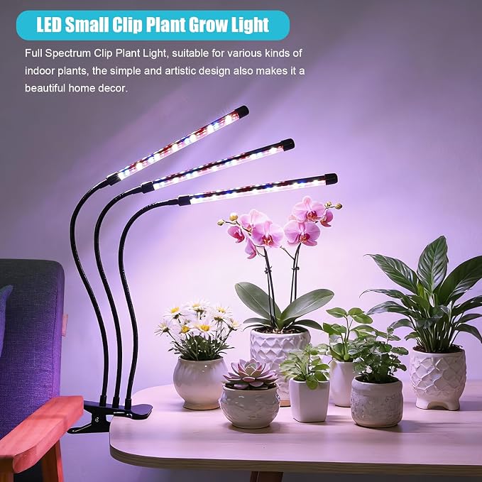 Indoor Plant Grow Light, Full Spectrum Clip Plant Lamp with Red, Blue, White Light, Plant Growing Light with Flexibel Gooseneck, 4/8/12/18H Timer, 10 Brightness Levels, 3 Lighting Modes, 3 Head