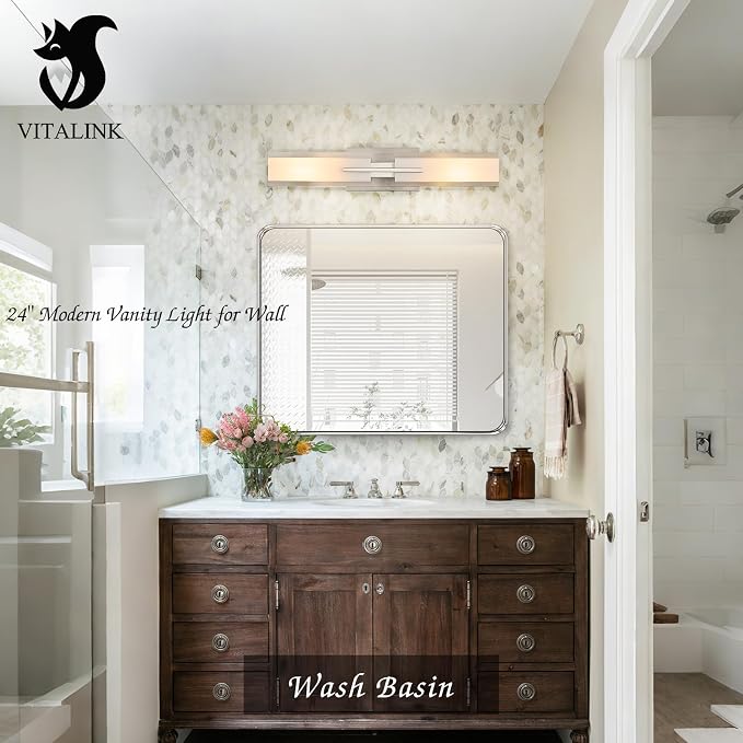 VitaLink 24” Bathroom Vanity Light, Satin Nickel 2-Light Frosted Glass Wall Lights for Bathroom Hardwired Wall Mount Lighting Fixtures for Living Room Bedroom E12