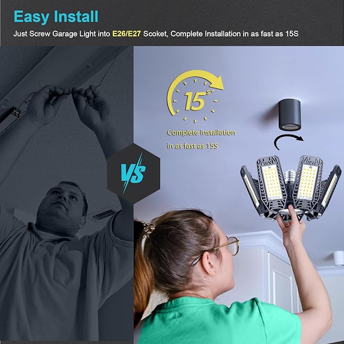 LED Garage Light 8 Pack - 200w 20000LM 6500K Garage Lights Ceiling LED with 7+1 Adjustable Panels, Shop Lights Screw in E26 E27 Bulb Socket for Workshop, Storage Room, Basement, Warehouse
