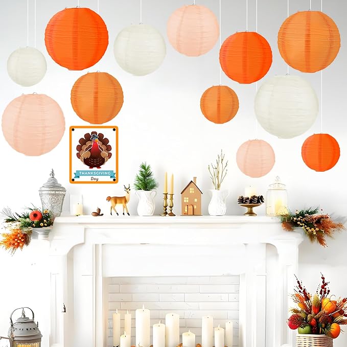 Fall Paper Lanterns, Orange Peach Cream Thanksgiving Party Hanging Paper Lanterns for Fall Festival Wedding Baby Shower Birthday Party Supplies (12 PCS)