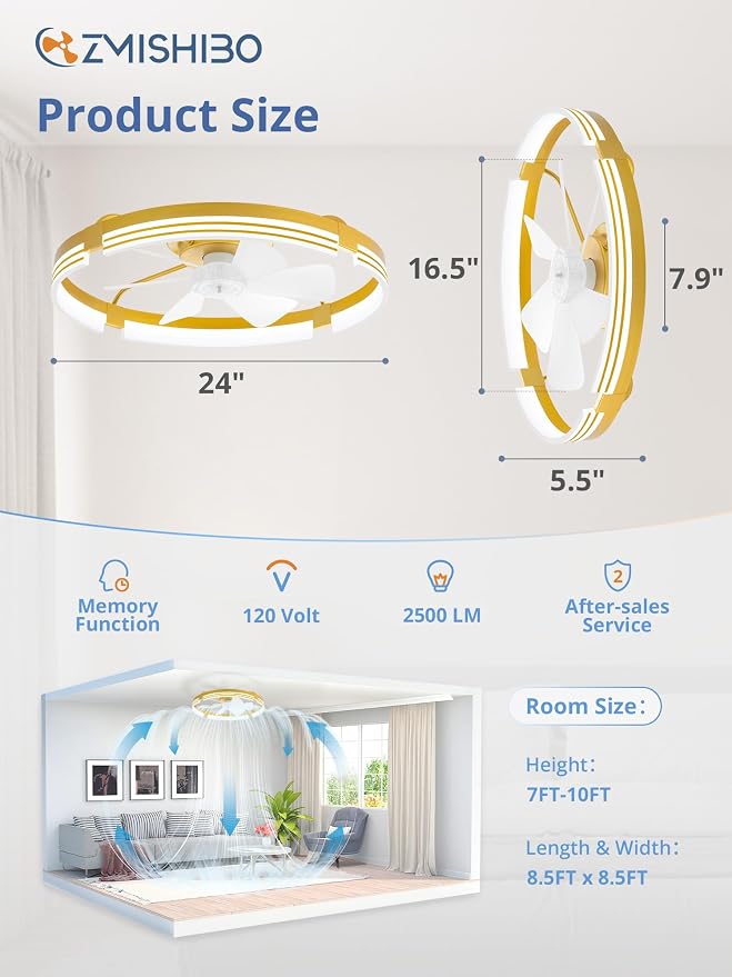 ZMISHIBO Low Profile Ceiling Fans with Lights and Remote, 24" Gold | 3000K-6000K Dimmable Fandelier LED, Flush Mount, 6 Wind Speeds, Reversible, Timer, Bedroom, Living Room, Kitchen, Kids Room