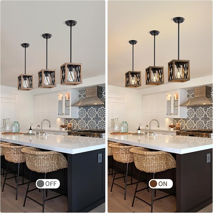 KEESFU Farmhouse Pendant Light, 1 Light Metal Cage Hanging Light with Wooden Grain Finish,Height Adjustable Kitchen Island Lighting,Pendant Lighting for Kitchen Island Hallway Foyer.2 Pack.
