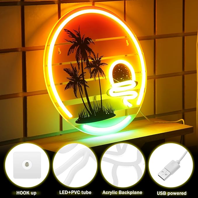 Tropical Neon Sign 11.8 Inch Palm Tree Sunset Neon Light for Wall Decor Colorful LED Light up Bar Signs for Bedroom Bar Beach Theme Restaurant Party Decor Gift