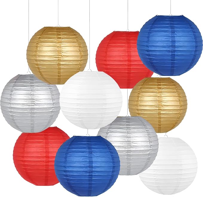Paper Lanterns Set (10 Pcs)- 8/10 Inch Royal Blue, Red, White, Gold & Silver Round Hanging Paper Lanterns for Wedding, Birthday, Patriotic Holiday, Party Decor, Baby Showers & Home Accents