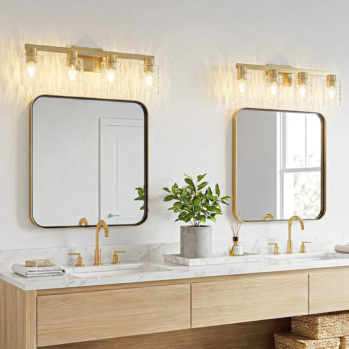 4-Light Bathroom Light Fixtures with Water Ripple Glass, Gold | Vanity Lights, Modern Wall Sconces, Over Mirror for Bathroom, Powder Room, Living Room