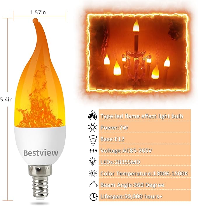 Bestview LED Flame Effect Light Bulbs,3 Modes Flickering Light Bulbs, Smart E12 Chandelier Base Candle Fire Light Bulb for Halloween, Christmas,Party, Porch Indoor&Outdoor Home Decoration -6 Pack