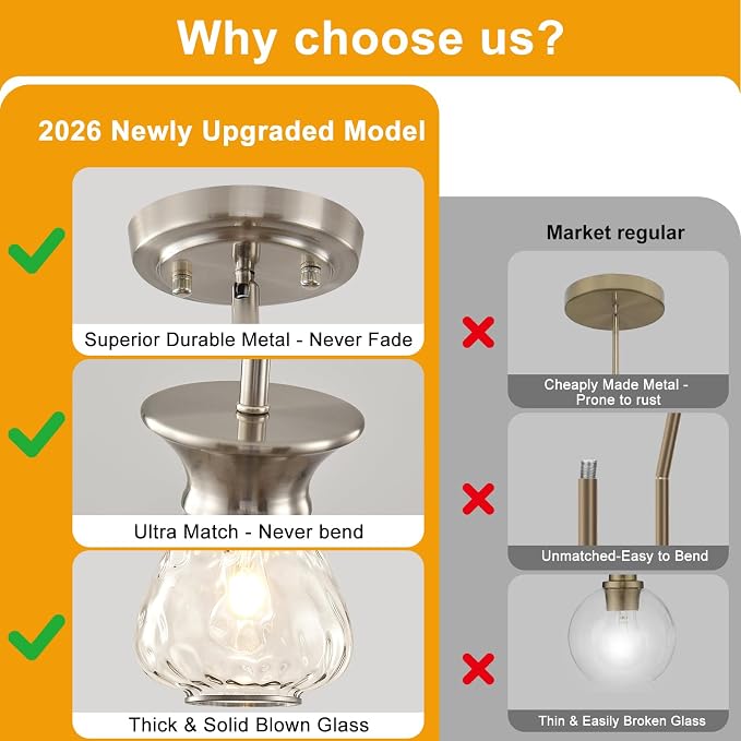 Modern Pendant Lights Kitchen Island,1 Pack Brushed Nickel Pendant Light Fixtures with 8.5" Clear Hammered Glass Shade,Industrial Hanging Pendant Lights Fixture for Kitchen Island Dining Room Entryway