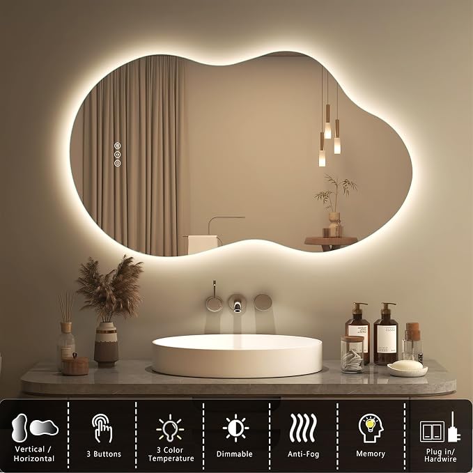 SMIROR 20x32 Irregular Backlit Led Lighted Bathroom Vanity Mirror | Asymmetrical, Cloud Shape, Anti-Fog, 3 Colors, Dimmable, Memory, Tempered Glass, UL