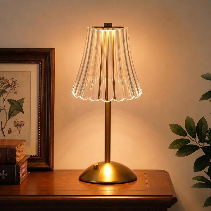 Nusogon Rechargeable Cordless Table Lamp, Gold Touch Crystal Desk Lamp | 3 Color Dimmable LED Small Lamp, Battery Operated Lamp for Bedroom Bedside Restaurant Kitchen Home Decor