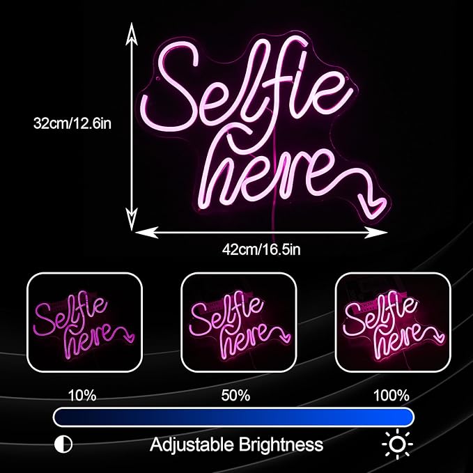 Selfie Here Neon Sign Dimmable Pink Words Light Up Sign for Wall Decor Selfie Led Neon Light for Selfie Station Photo Studio Bedroom