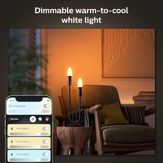Philips Hue Smart 40W Candle-Shaped Filament LED Bulb - White Ambiance Warm-to-Cool White Light - 2 Pack - 350LM - E12 - Indoor - Control with Voice or App