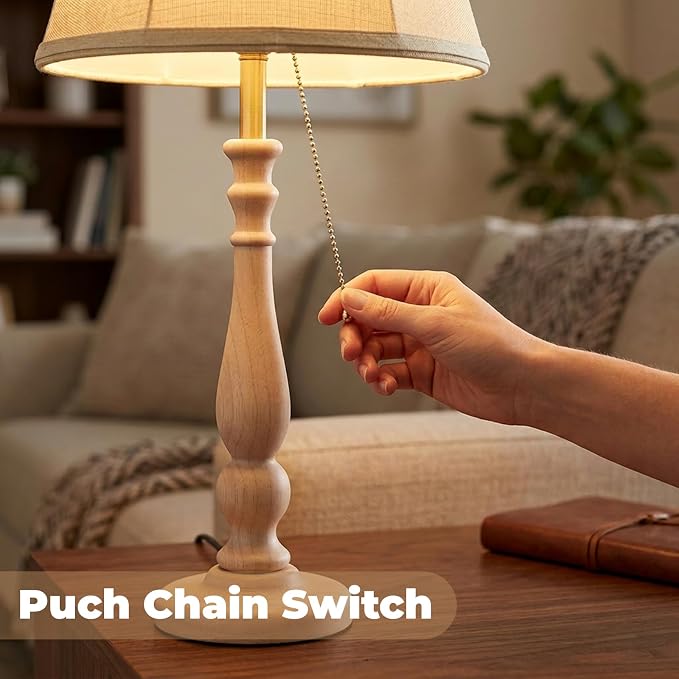 LALISU Farmhouse Table Lamps Rustic Bedroom Lamps for Living Room, 24.41" Boho Bedside Lamp with Chain Switch for Night Stands End Table Office Desk Lamp Nightstand with Linen Shades (Washed White)