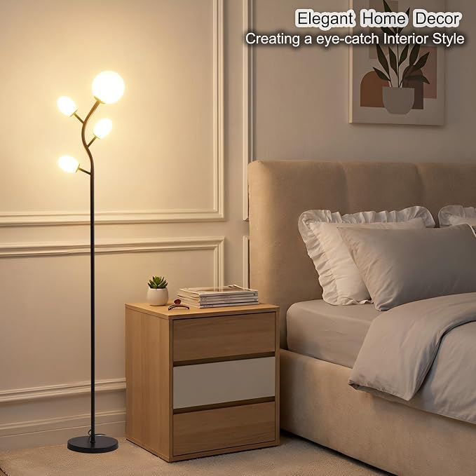Fiqevs 4 Globe Floor Lamp for Living Room, Mid Modern Standing Tree Lamp | 3000K Warm White Light, 4 LED Bulbs Included, Sphere Ball Frosted Glass Shade Tall Lamp for Bedroom/Office, Matt Black