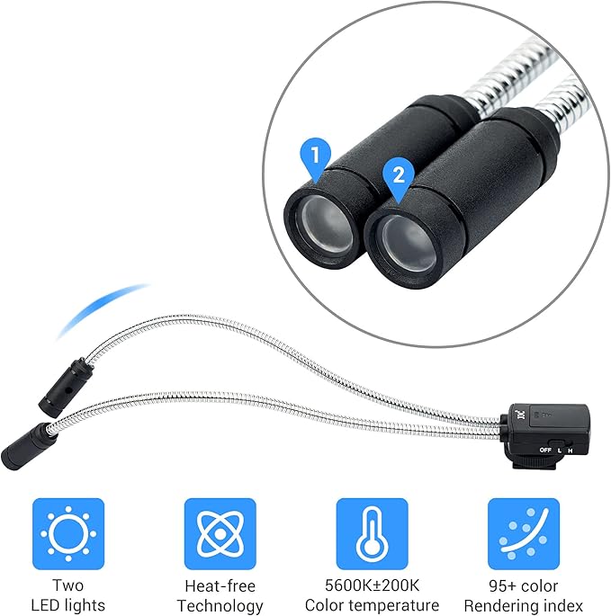 JJC 10 Inch Long Portable Shoe-Mount LED Macro Arm Light, CRI 95+ 5600K, 5 Level Adjustable, Flexible Fill Lights, USB-C, White