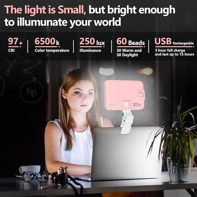 LED Phone Light - USB-Rechargeable Portable Photo Light with 97+ CRI, Up to 6500K Color Temperature for Selfie, Zoom Conference, Video, Makeup and Live Stream