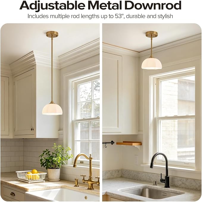 Milk Glass Pendant Lights for Kitchen Island E26 Base Mid Century Light | 7.8inch Modern Gold Lighting for Bathroom Bedroom Dining Room Adjustable Hanging Height Fixture