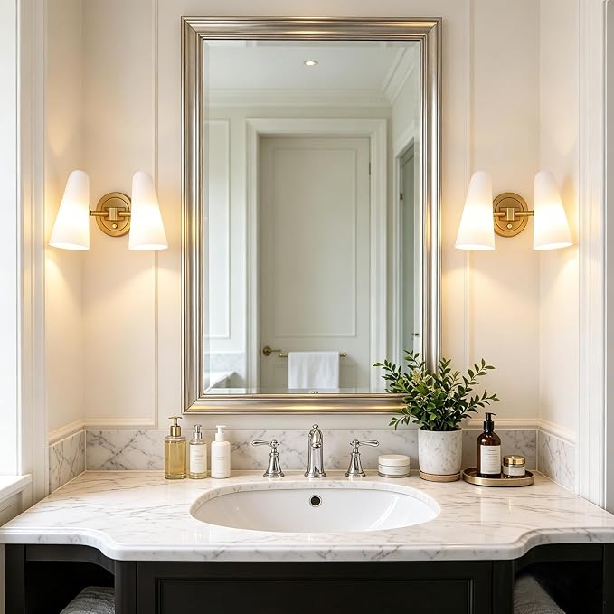 Modern 2-Lights Wall Sconces Lighting with Rotatable Frosted Milk White Glass Dimmer ON/Off Switch Gold Brass Bathroom Vanity Light Fixtures Indoor Wall Light for Mirror Living Room Bedroom