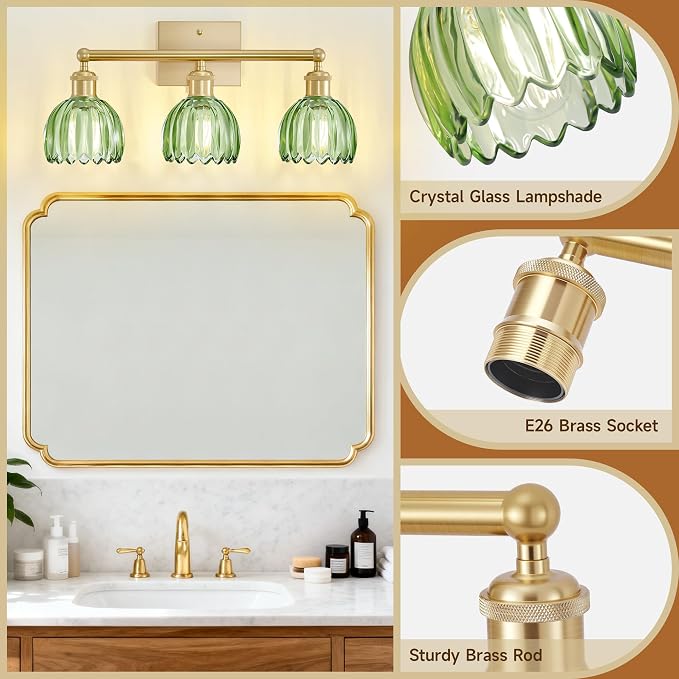 Bathroom Light Fixtures Over Mirror,3 Light Vintage Bathroom Vanity Lights,20 in Brushed Brass Antique Vanity Light with Green Tulip Glass Shade for Bedroom, Living Room, Foyer,E26 Base