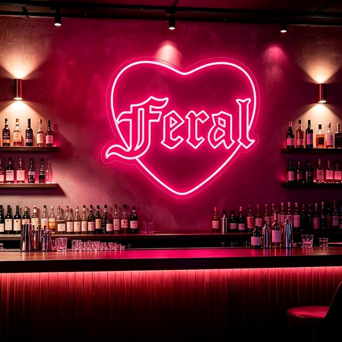 Feral Heart Neon Sign Pink LED Neon Light for Wall Decor USB Powered Gothic Neon Sign for Bedroom Bar Party Tattoo Studio Bachelorette Trendy Wall Art Halloween Decoration Goth Lover Gifts