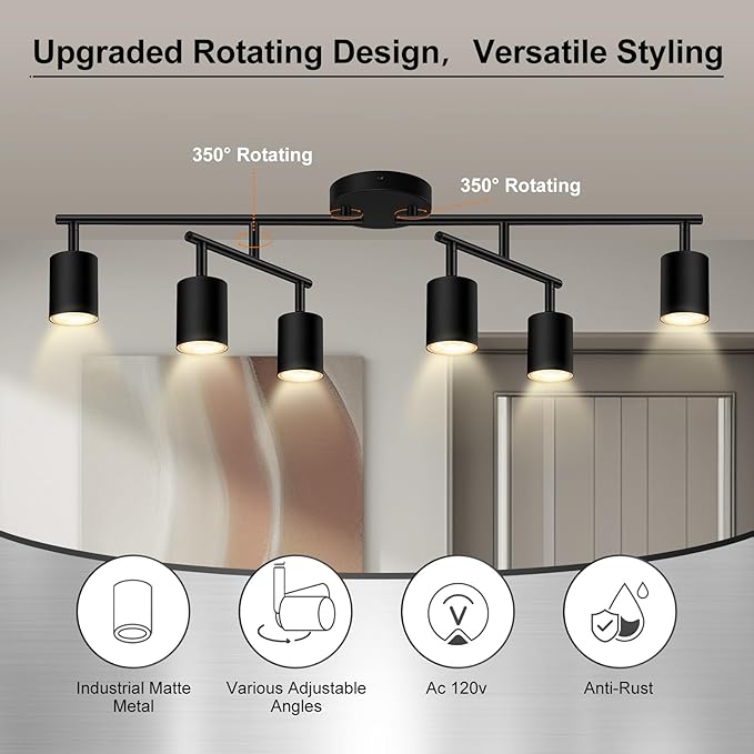 6 Light Track Lighting Fixtures Ceiling, Matte Black Kichen Track Lighting Fixtures with Rotatable Light Heads, Upgrade Light Poles, Modern LED Sopt Lights for Kitchen/Hallway, No GU10 Bulb