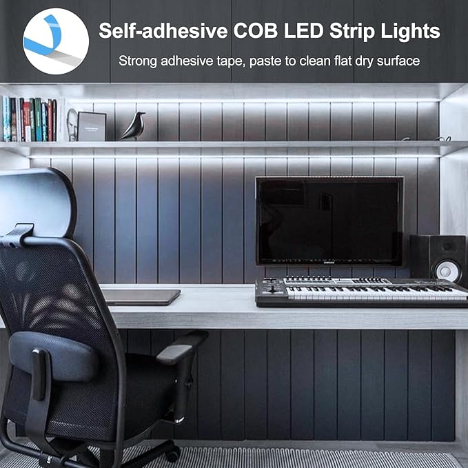 Battery Operated COB LED Strip Lights 6.6Ft 640 LED Dimmable Light Strip | Cuttable Flexible LED Tape Light for TV Cabinet Bedroom Kitchen Home Decoration DIY Lighting (Cool White 6000k)