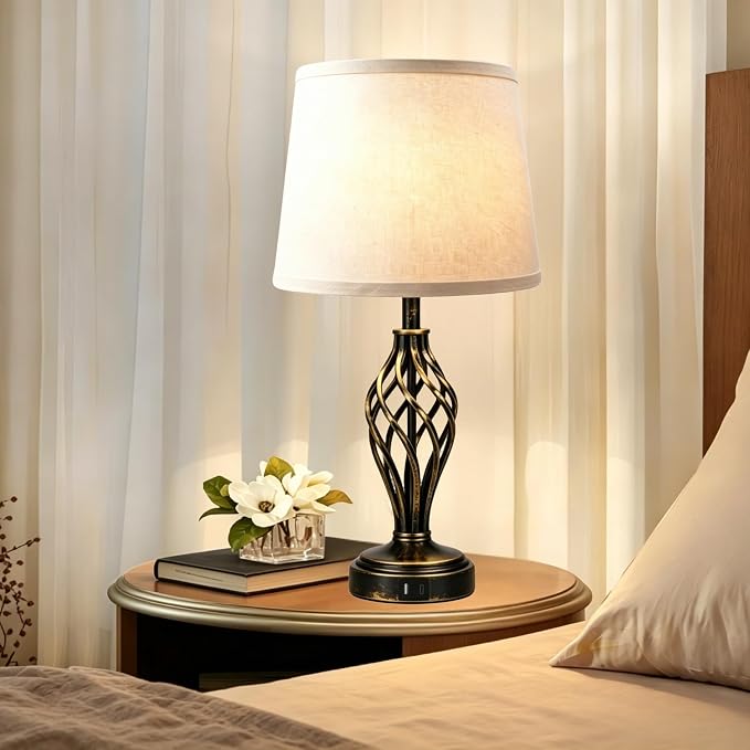 Ruiever Touch Table Lamps Set of 2, nightstand lamp with USB Ports Bedside 3 Way Touch dimmer Desk lamp for Living Room Bedroom,Gold and Black Brushed Spiral Cage Warm White Dimmer LED Bulb Included.