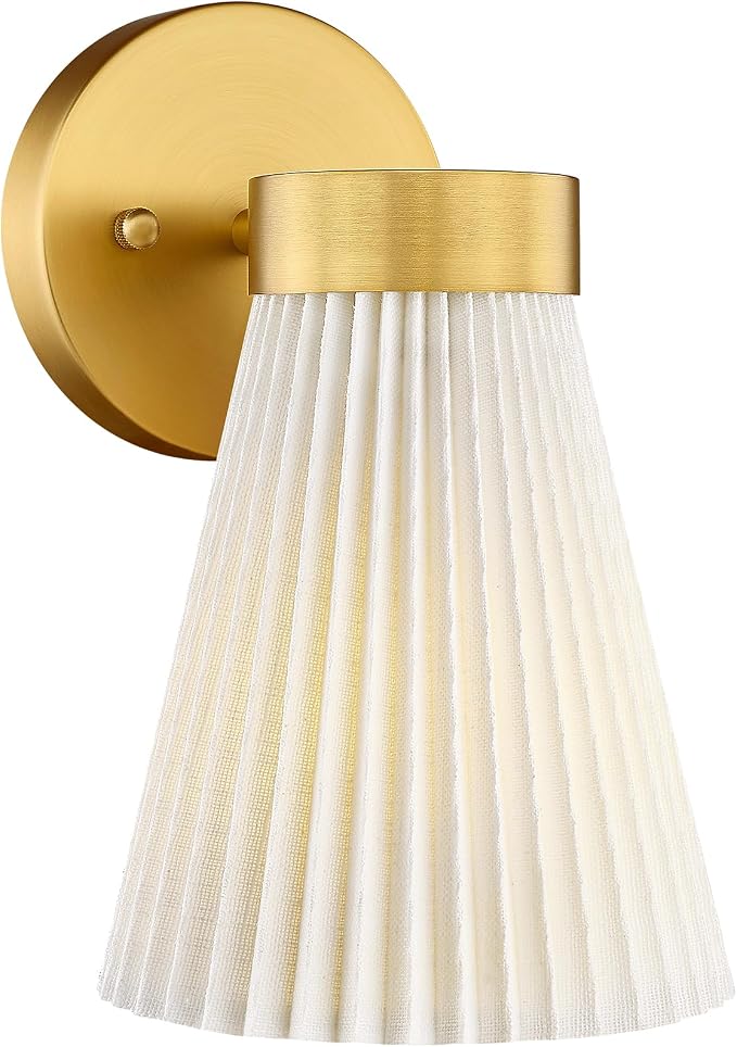 Fabric Bathroom Light Fixture, HWH 1-Light Sconce Wall Lighting with Milk White Striped Fabric Shade, Brushed Gold Finish, Modern Vanity Lights for Bathroom Bedroom, 5HZG97B BG-FB