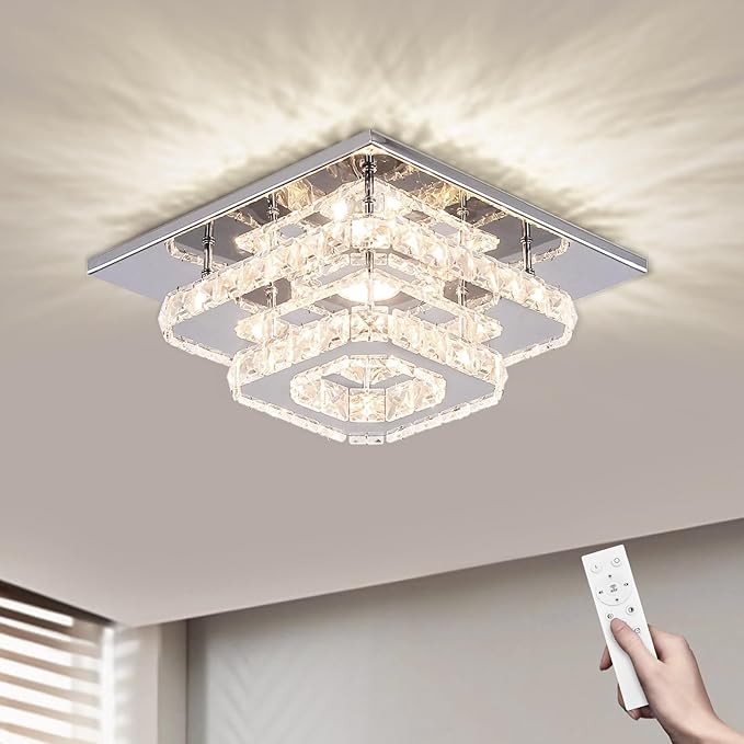 FRIXCHUR Dimmable Crystal Chandelier Ceiling Light with Remote Square Led Flush Mount Small Chandelier for Dining Room Kitchen Wedding Hallway Foyer,9.8"