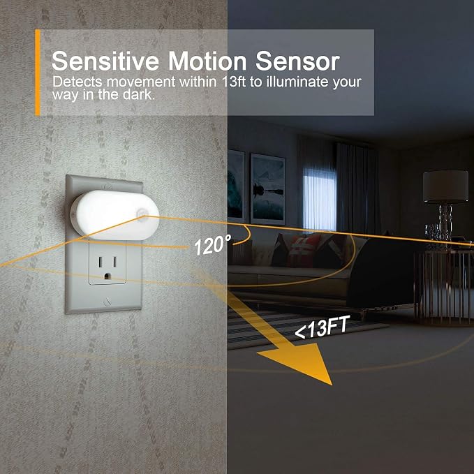 120LM Ultra Bright Plug-in Motion Sensor Night Light, Stepless Dimmable LED Nightlight, Always-On and Auto-Off, for Hallway, Stairs, Bathroom, Bedroom, Garage, Cool White (4-Pack)