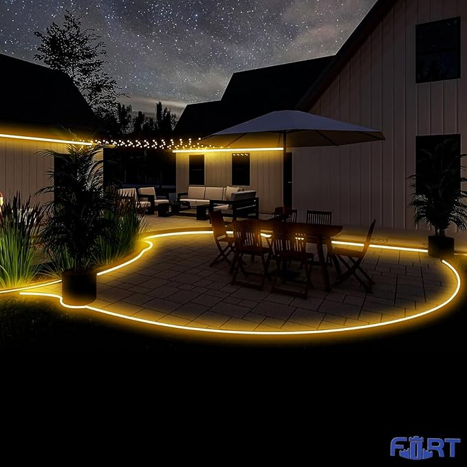 FORT LED Neon Rope Lights 32.8FT 10M 120V AC Plug-in LED Strip Lights Connectable Waterproof Led Light Strip for Indoor/Outdoor Use, Warm White Neon Lights for Party Wedding Home Decoration ETL