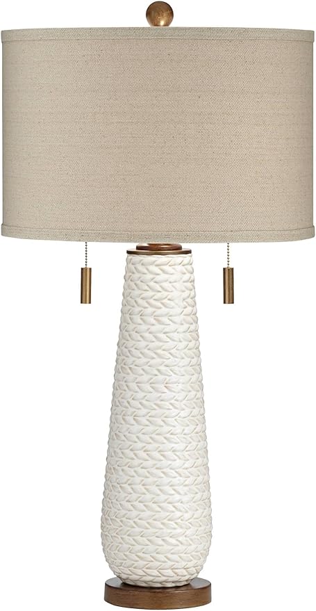 Possini Euro Design Kingston Mid Century Modern 3-Way Table Lamp 32 3/4" Tall with USB Charging Port White Ceramic Taupe Drum Shade for Bedroom Living Room Nightstand Bedside Night Stand Office