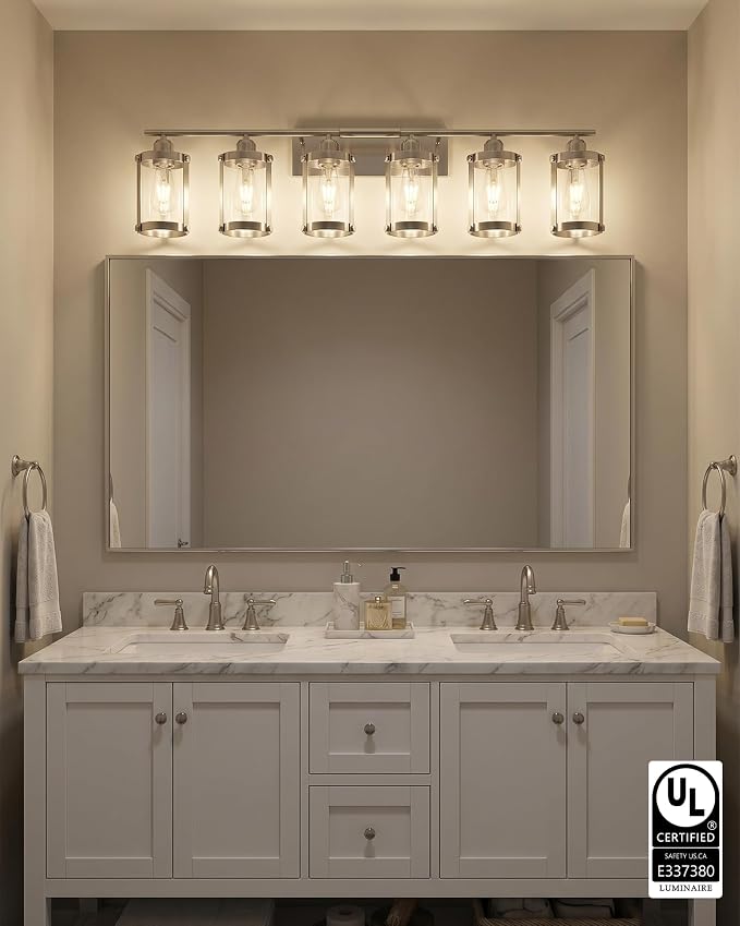 6-Light Brushed Nickel Bathroom Light Fixtures Over Mirror with Clear Glass and Metal Cage Shade, 42" UL-Listed Modern Farmhouse Wall Sconce for Bath, Hardwire E26, OS-3014BN-6W